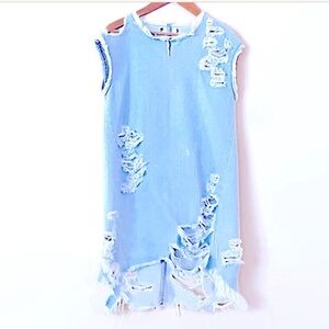 Denim jeans dress distressed mini sleeveless,